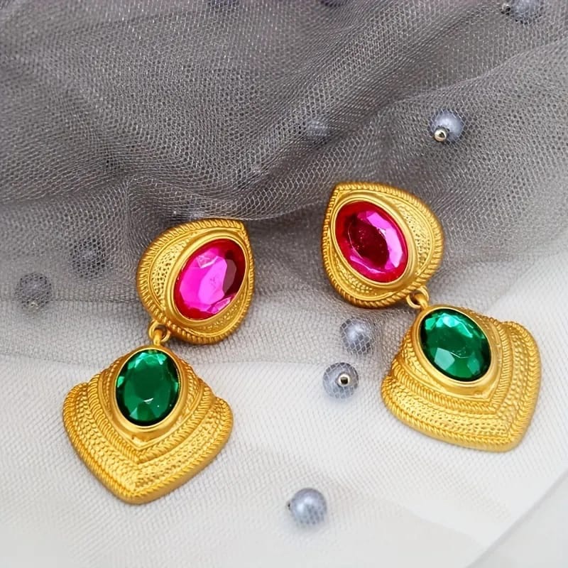 18k Plated Chunky Waterdrop Shaped Dangle Earrings With Hot Pink & Green Gems